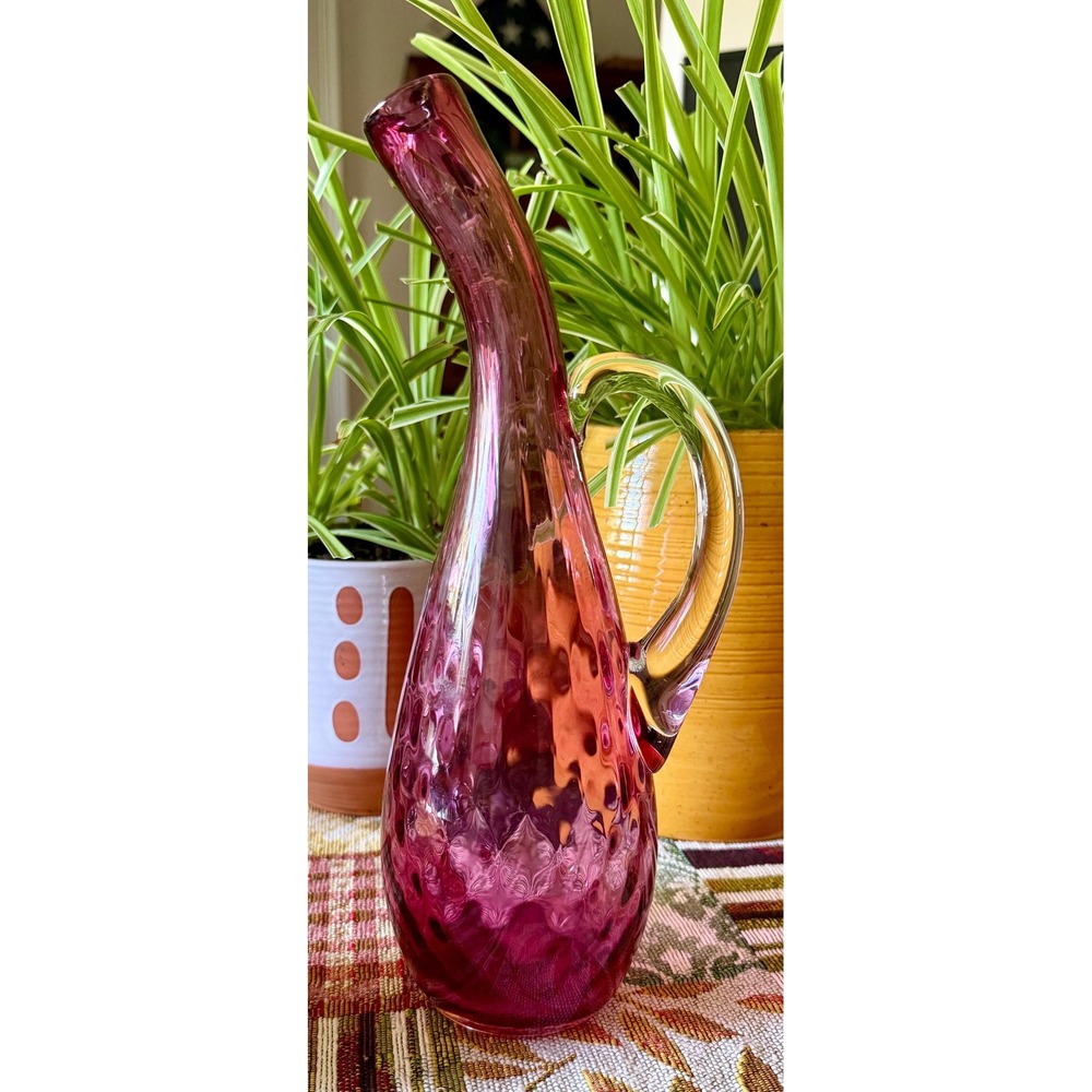 Vintage Cranberry Honeycomb Optic Glass Decanter - 10.5 Inch Goose Neck Pitcher